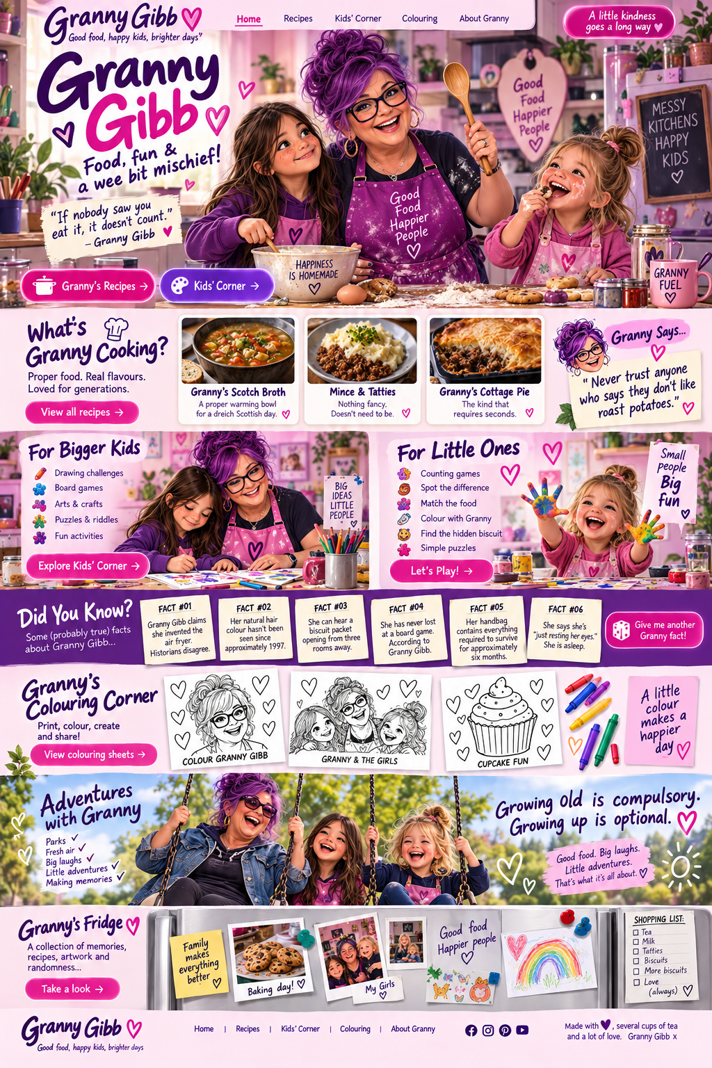 Granny Gibb with vibrant purple hair and her two granddaughters in a colourful scrapbook-style family website: recipes, kids' activities, colouring, adventures and Granny's fridge.